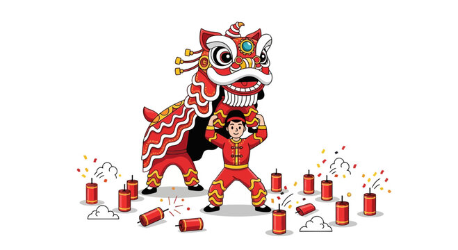 Chinese Lion Dance Performance with Firecrackers for Lunar New Year.