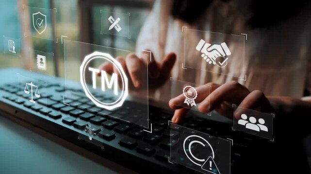 Trademark protection and legal compliance with TM icon, copyright law, patent check, intellectual property rights, and branding regulation enforcement Marrow