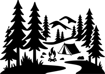 Fototapeta premium Forest Camping Landscape Silhouette Vector Illustration