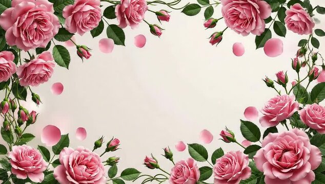 Elegant pink rose flower frame with falling petals on light background, floral border for wedding invitation, greeting card, or social media design