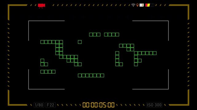 Animation of the video recording camera screen with focus effect, yellow frame, flashing circle with REC, stopwatch. A 4k video recording frame with an alpha channel.