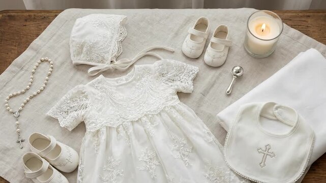 White lace christening gown with matching bonnet and shoes laid out on a linen cloth with a rosary candle and silver rattle for a traditional infant baptism ceremony