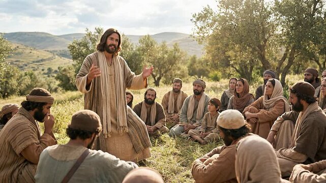 Jesus christ standing in a green field preaching to a group of men and women followers sitting in a circle during a sunny day with rolling hills in the background