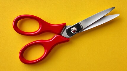 Open red plastic scissors positioned at a 35-degree angle on a bright yellow background, showcasing a clean top-down view with distinct blade lengths and a shiny metal pivot