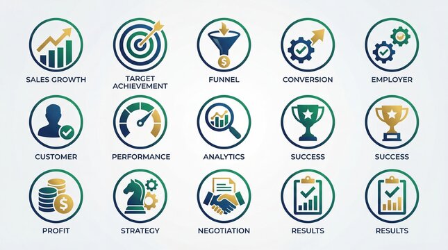 Business icons for sales growth, target achievement, and conversion