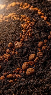 Macro shot of rusty iron particles mixing with rich, dark organic compost and fertile soil, crucial for biological processes and plant growth, iron, biology, molecule