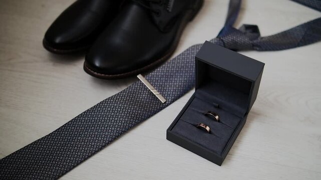 Men's wedding accessories are laid out on the floor in a beautiful arrangement