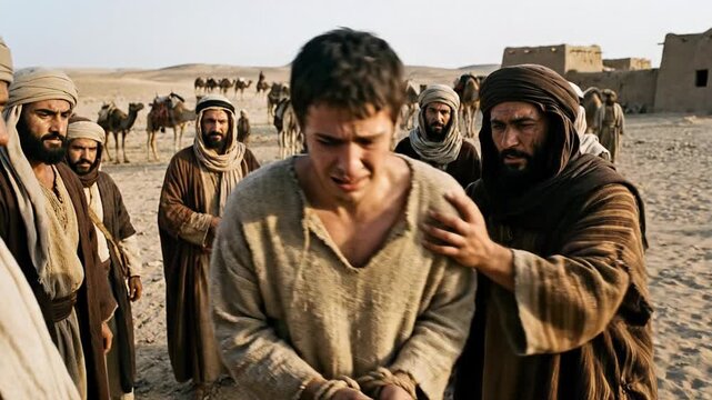 Young Joseph with bound hands and a distressed expression being sold into slavery by his brothers in a desert landscape with camels and merchants