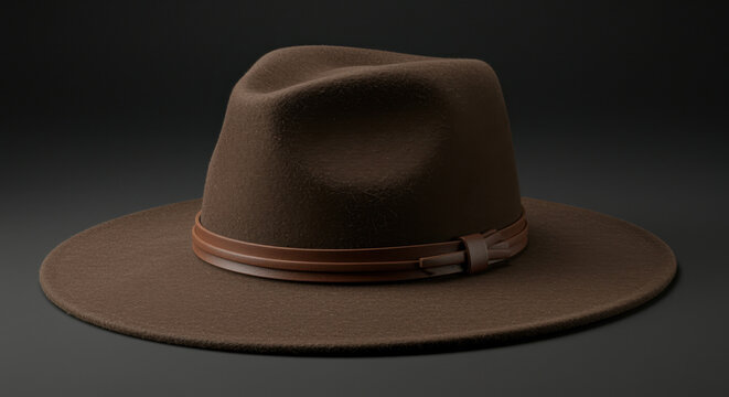 Brown fedora hat classic felt hat wide brim hat leather band fashion accessory vintage style men clothing women clothing unisex style dark background stylish fedora hat with wide brim and leather