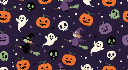 Naklejka premium Halloween spooky pattern with ghosts pumpkins and skulls
