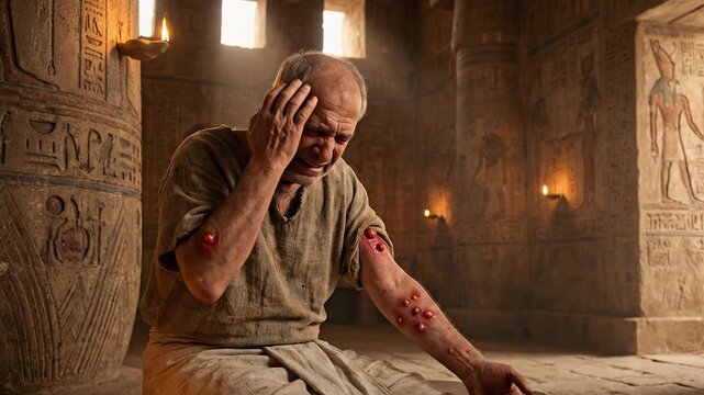 Elderly Egyptian man in pain kneeling inside a stone temple with hieroglyphics showing red skin boils representing the sixth biblical plague of Egypt during the exodus story from the bible