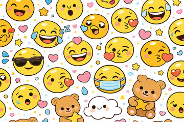 Fototapeta premium Cute Kawaii Emoji Pattern - Happy Faces, Sunglasses, Mask, Bears