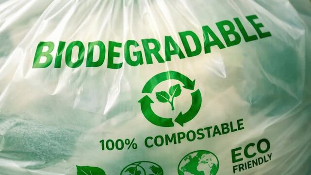 Biodegradable plastic bag with green printed text indicating eco-friendly features, showcasing the words "100% Compostable" and recycling symbols in a close-up view against a blurred background