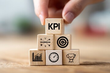 Strategic business growth pyramid with KPI cube and symbols