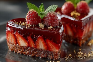 Heart shaped strawberry mousse cake with red mirror glaze