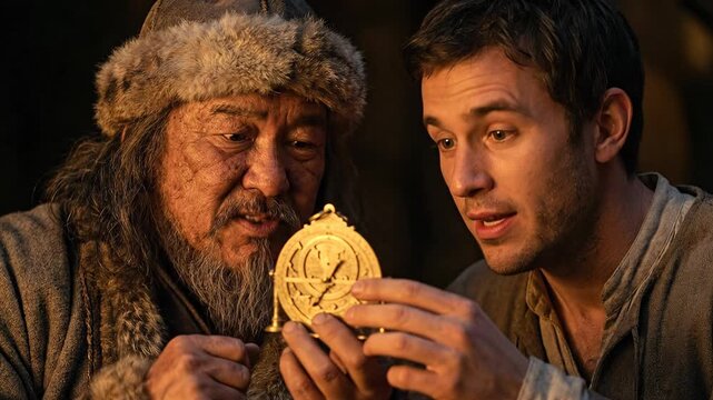 Cinematic historical scene of young explorer Marco Polo showing golden astrolabe to impressed Mongol Emperor Kublai Khan inside palace yurt depicting intelligence and cultural exchange concept in anci