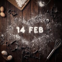 Valentine cooking preparation with flour lettering on wood