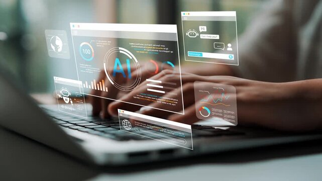 Innovative Technology Concepts: Person Engaged with Digital Interface Showing Data Analytics and Artificial Intelligence on Laptop Screen Gluon.