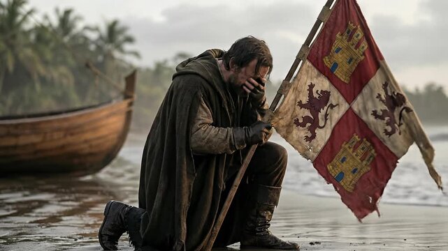 Cinematic Historical Scene of Explorer Christopher Columbus Kneeling on Sandy Beach Holding Royal Spanish Flag after First Landing in New World Depicting Discovery of America and Gratitude Concept