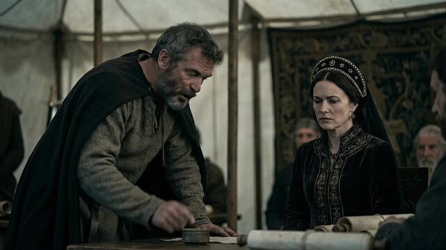 Cinematic Historical Scene of Explorer Christopher Columbus Standing before Queen Isabella of Castile in Royal Court Presenting Map to Convince Her to Fund Voyage to Indies Depicting Persuasion Concep