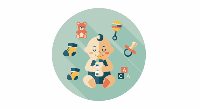 Baby Shower Flat Design Icon Cute Baby with Bottle and Accessories.