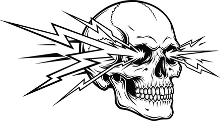 Vintage black and white skull vector illustration with electric lightning bolts shooting from eye sockets, edgy rock metal graphic for t-shirt design posters (24 words) © MstSahanaj