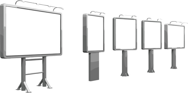 Billboard structures illustration featuring five outdoor advertising designs with blank white display areas, angled supports, pedestal bases, and overhead lighting fixtures.