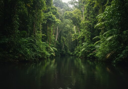 Lush green dense jungle vegetation bordering a tranquil flowing jungle river deep within the humid tropical rain forest canopy, jungle, landscape, untouched