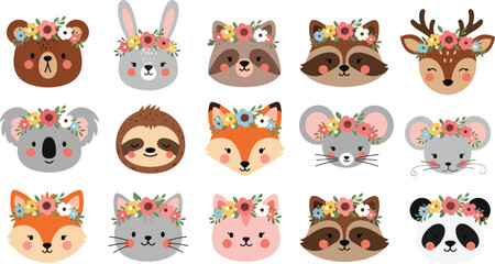 Cute cartoon animal faces with colorful floral crowns, whimsical illustration featuring bear, rabbit, raccoon, deer, koala, sloth, fox, cat, panda characters. © IconicCreations