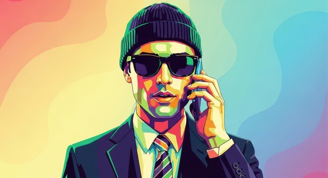 Ritratto di figura in stile fumetto pop con colori vivaci e contorni audaci, usando un moderno telefono cellulare per comunicare, halftone, uso, telefono