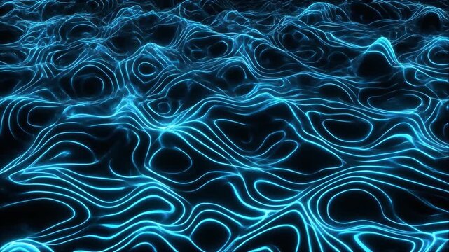 Complex multilayer wave mesh chaotic fluid patterns neon electric blue cinematic surreal ethereal ambience cascading softly glowing futuristic abstract unique style