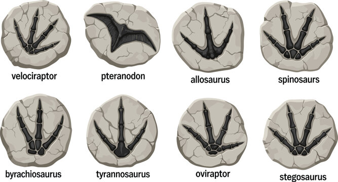 Educational dinosaur footprint illustration showing fossilized tracks of Velociraptor, Pteranodon, Allosaurus, Spinosaurus, Brachiosaurus, Tyrannosaurus