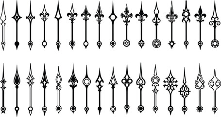 Ornate clock hands illustration set featuring 32 unique designs with pointed tips, fleur‑de‑lis motifs, scrollwork, geometric patterns, and decorative horology artwork. © IconicCreations