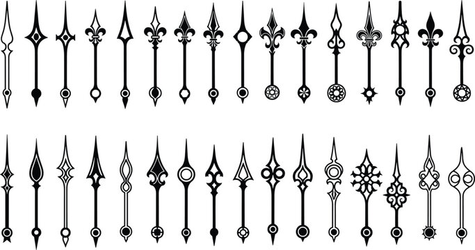 Ornate clock hands illustration set featuring 32 unique designs with pointed tips, fleur‑de‑lis motifs, scrollwork, geometric patterns, and decorative horology artwork.