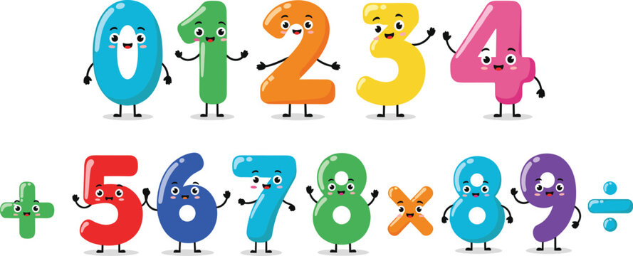 Playful cartoon numbers and math symbols with faces, arms, and legs, colorful educational illustration for children learning digits, addition, multiplication, division concepts.