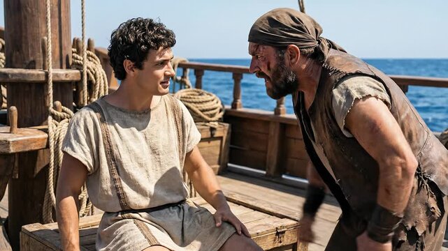 Cinematic Historical Scene of Young Julius Caesar Sitting Calmly on Wooden Ship Deck Confronting Angry Cilician Pirate Holding Sword during Kidnapping Event Depicting Arrogance and Confidence in Ancie