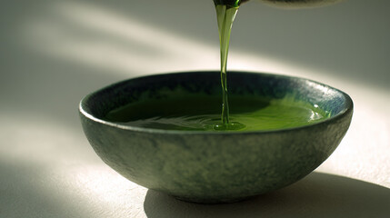 Green liquid pouring into a ceramic bowl