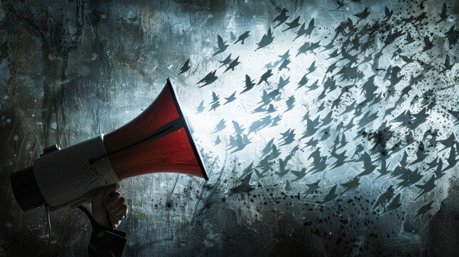 Megaphone projecting flying black birds on dark background. Fake news concept.
