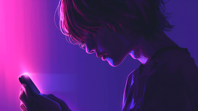 Side view of a young millennial man using smartphone in dark room with cyber-goth vaporwave lighting. Digital loneliness and smartphone addiction concepts.