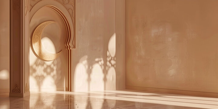 Islamic architecture interior featuring a golden crescent moon and sunlight creating shadow patterns