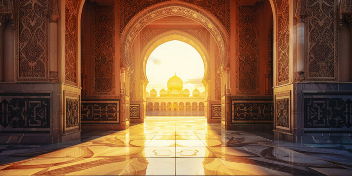 Islamic ornate archway framing a mosque facade illuminated by warm golden hour sunlight