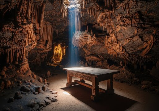 A mysterious, rustic wooden table sits deep inside an earth cavern, illuminated by dim, moody light, suggesting a hidden meeting place, wood, storage, setting