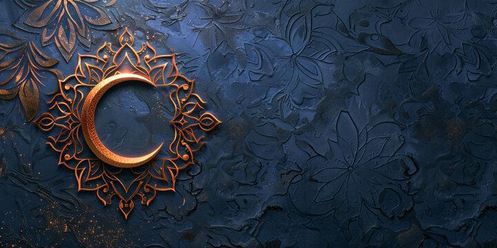 Golden textured crescent moon centered in an ornate floral frame against a dark blue background with copy space. Ramadan backgrounds.