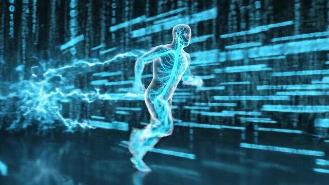 Futuristic digital human figure composed of blue energy and glowing light lines running through a virtual data space with matrix binary code background representing artificial intelligence and technol