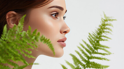 Woman with radiant skin surrounded by fern leaves