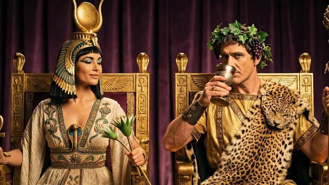 Cinematic medium shot of Cleopatra and Mark Antony sitting side by side on high golden thrones in a palace during the historical alliance between Egypt and ancient Rome
