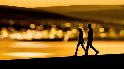 Couple walking on a beach at sunset