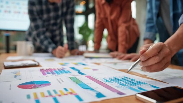 Medium shot of a business team analyzing public budget allocation charts discussing effective resource distribution strategies in a government office setting.