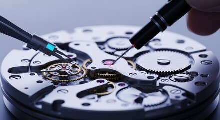 Extreme close-up of sophisticated mechanical components undergoing precise fine-tuning and calibration using professional scientific instruments, metal, sophisticated, technology