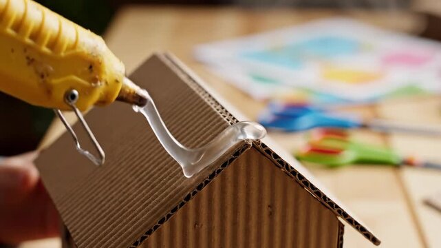 Child crafting a cardboard house with a hot glue gun for creative project